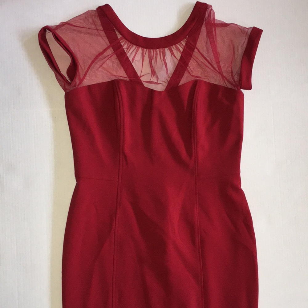 Maggy London Red Sheath Dress with Sheer Illusion Neckline – Size 12